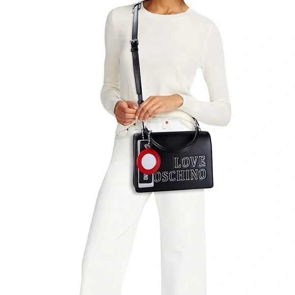 LOVE MOSCHINO NWT AUTHENTIC LOGO-CHARM BLACK FAUX LEATHER SATCHEL BAG - Picture 13 of 17